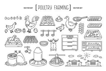 Vector hand drawn set on the theme of poultry farming, agriculture, factory, food, chicken. Isolated doodles, line icons for use in design - obrazy, fototapety, plakaty