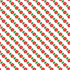 Red flower and green leaves, seamless pattern on the white background. Vector illustration. Wrapping paper.	