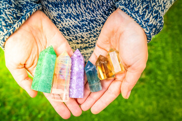 Healing crystals on brown background