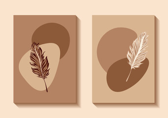 Posters set with feathers on beige and brown background. Minimalist vector illustration in flat style.
