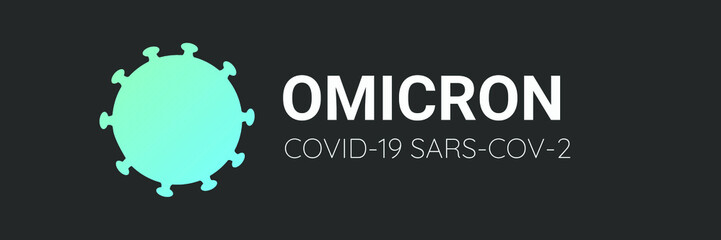 Omicron Covid-19 Coronavirus variant typography logo. New strain of SARS CoV-2. Vector symbol of mutated virus that detected in South Africa. White text on dark banner background with blue virus. 