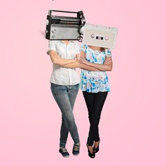 Naklejka premium Party, music time. Magazine style. Composition with young person headed of retro tape cassette