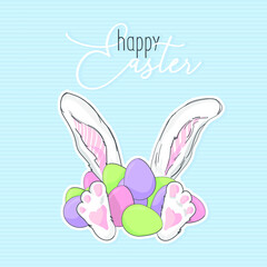 Hand drawn cute rabbit ears and pow for easter with eggs. Vector illustration. Funny Easter bunny's ears and eggs on blue background.