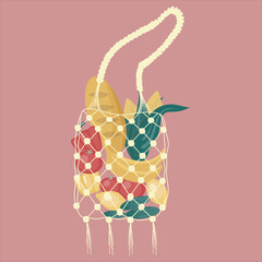 Macrame bag with food products.