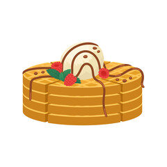 Vector illustration of a stack of Belgian waffles with a ball of ice cream, raspberries and chocolate sauce.