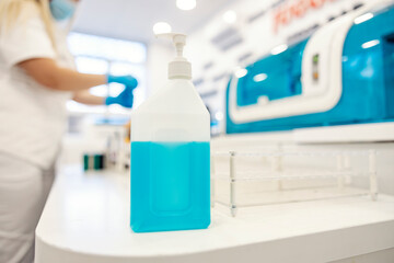 Disinfection liquid in a lab. The most important thing in a lab is hygiene, so staff must disinfect...