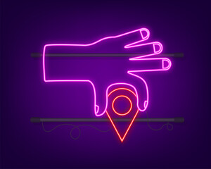 Map pointer in hand neon on dark background. Vactor stock illustration.