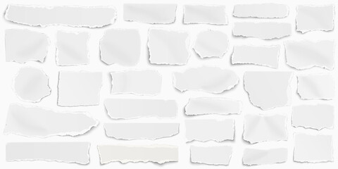 Long set of paper different shapes scraps isolated on white background