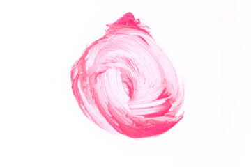Close-up of a smear of lipstick texture. The pink color is highlighted on an isolated white background. An element for the design of cosmetic cosmetics. High quality photo
