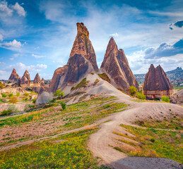 Gorgeous summer view of Cappadocia. Breathtaking morning scene of Red Rose valley. Cavusin village located, district of Nevsehir, Turkey, Asia. Traveling concept background.