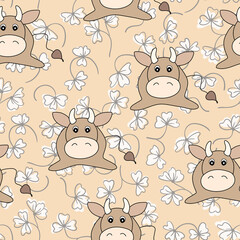 Obraz premium Vector flat animals colorful illustration for kids. Seamless pattern with cute bull and flowers on beige background. Cartoon adorable character. Design for poster, fabric, textile. Cute cow.