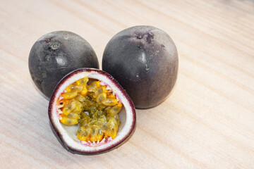 Passion fruit. Exotic fruits - whole and half.