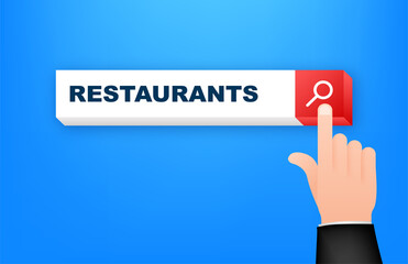 Cartoon icon with restaurants search. Flat infographic. Location pin sign. Mobile page.