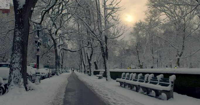 Central Park Sidewalk In New York City Covered In Snow