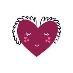 Red heart character with wings. Romantic vector hand drawn doodle element