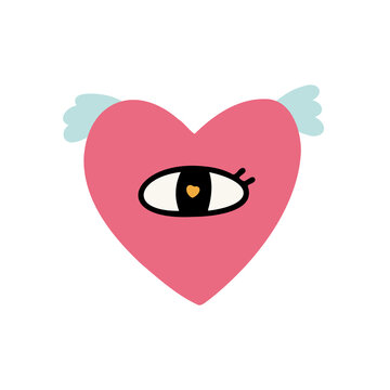 Pink heart with wings and eye. Romantic vector hand drawn doodle element
