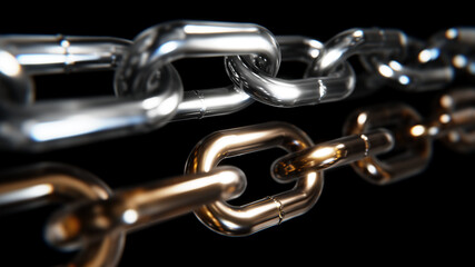 Realistic DOF camera 3D illustration of the steel and gold chains