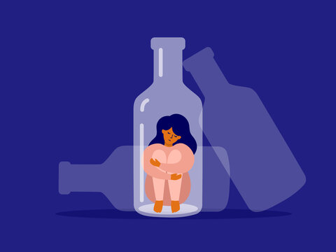 Female alcoholism concept. Unhappy woman sitting at bottle bottom hugging her knees. Sad drunk wife or alcoholic mother. Social issue, abuse, addiction. Empty alcohol drink bottles vector Illustration
