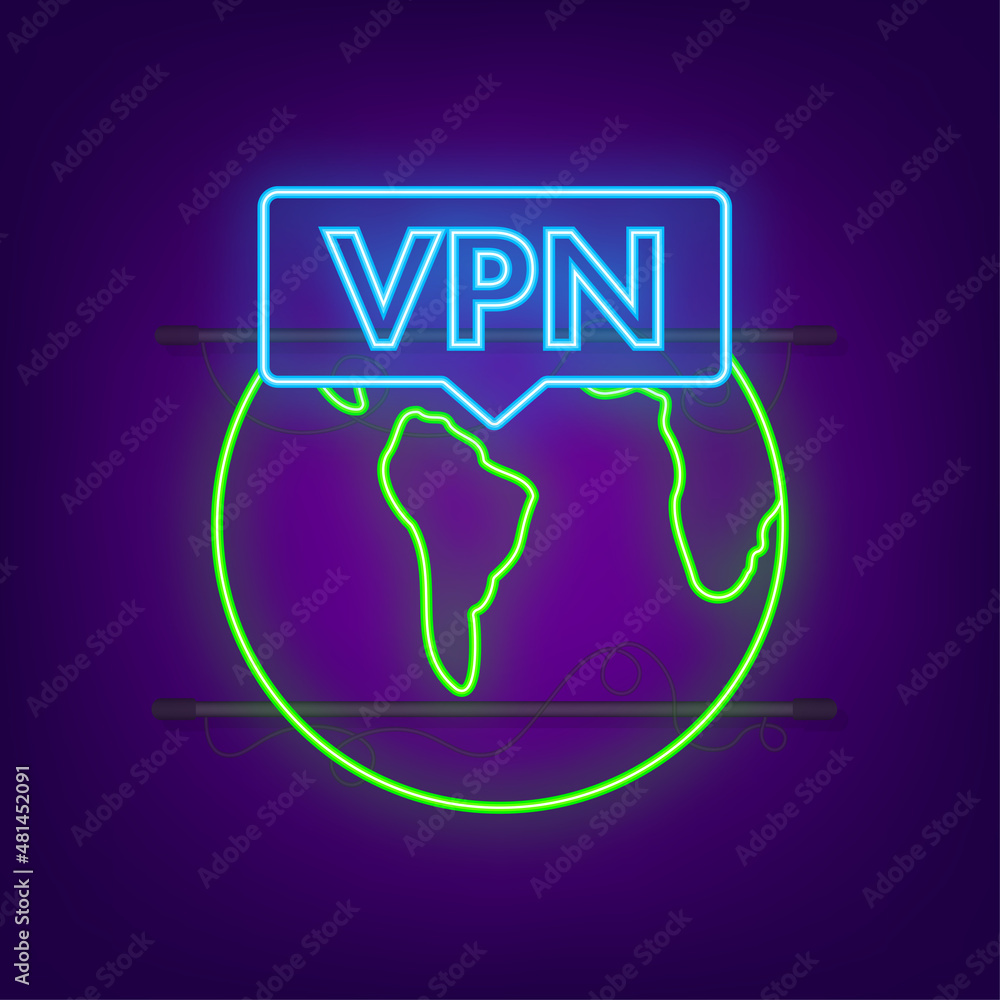 Poster secure vpn connection concept. neon style. virtual private network connectivity overview. vector sto