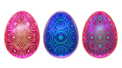 Realistic 3D illustration of three colorful fancy geometry pattern Easter eggs isolated on white background