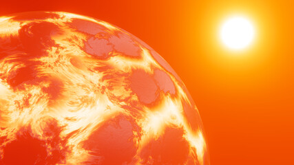 Realistic 3D illustration of the melting dying planet against shining Red Dwarf star