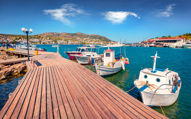 Captivating spring view of Porto Rafti port. Sunny morning seascape of Aegean sea, Greece, Europe....