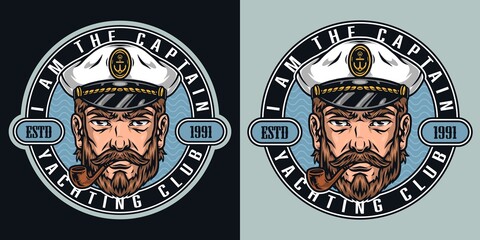 Bearded sailor smoking pipe, marine emblem in sea captain hat isolated colorful vintage vector - obrazy, fototapety, plakaty