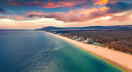 Breathtaking spring view from flying drone of Albena Beach. Fantastic seascape of Black sea,...