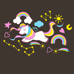 Unicorns collection. Illustration of cute cartoon multi colored Unicorn with rainbow mane. Vector format