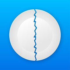 Icon with white broken plate on white background for concept design. Isolated blue background. Vector logo illustration. Round logo.