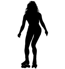 Roller Derby skater girl drives on the quad skates roller skate shoes. Detailed isolated realistic silhouette	
