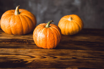 Three orange pumpkins on the brown table and grey background. Selective focus.