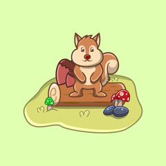 Cute squirrel sitting in the log with 2 acorn, mushroom and rock on the fall season cartoon illustration
