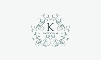 Exquisite floral logo with elegant letter K. Business sign, identity monogram for restaurant, boutique, hotel, heraldic, jewelry