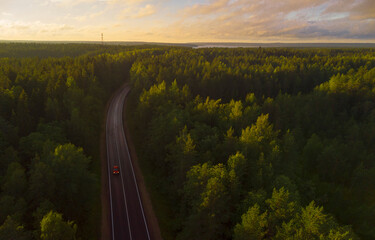 An asphalt road between the forest stretching into the distance. Traveling by car.Top view.