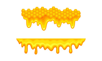 Beekeeping and honey production set. Honeycomb slices with liquid dripping honey, apiculture product vector illustration