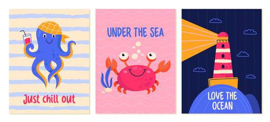 Set of cute ocean posters. Colorful art with octopus, smiling crab and large lighthouse. Design elements for postcard and wall decoration. Cartoon flat vector collection isolated on white background