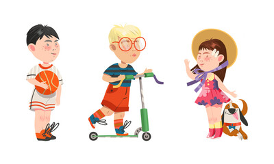 Set of kids hobbies. Children playing with ball, riding kick scooter and walking with dog cartoon vector illustration