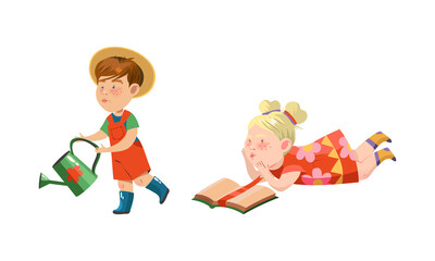 Set of kids hobbies. Children watering plants and reading book cartoon vector illustration