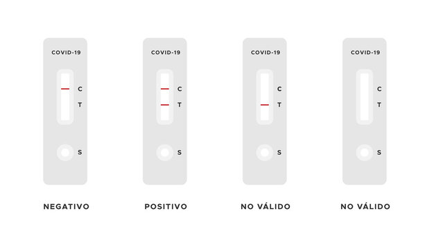 Rapid antigen detection test results. Negative, positive, invalid. Spanish. Covid 19. Vector illustration, flat design