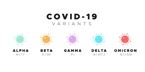 Fototapeta na wymiar Covid 19 variants. Alpha, Beta, Gamma, Delta and Omicron colorful icons. Vector illustration, flat design
