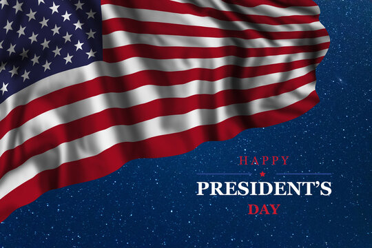 Presidents day card with US flag in sky
