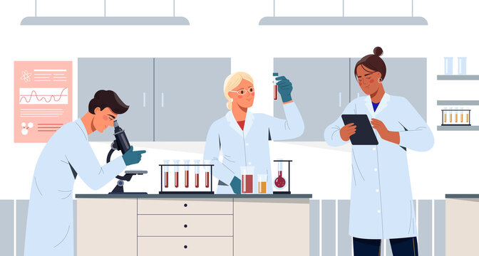 People work in vaccine development science laboratory concept. Microbiologists working to create cure for coronavirus and other infections. Lab analysis in test tubes. Cartoon flat vector illustration