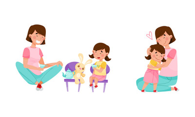 Mom and daughter spending time together set. They are playing and hugging cartoon vector illustration