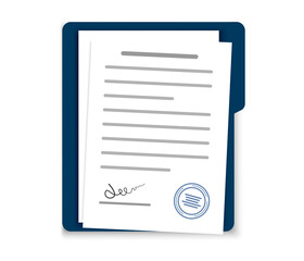 Contract.Document with approval stamp.Folder with document.Vector contract or document icon.Paper sheet sign.Signature.