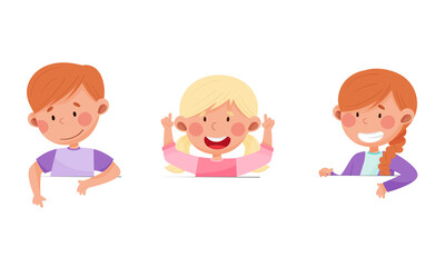Happy kids peeking out from wall with copy space cartoon vector illustration
