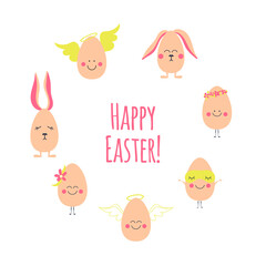 Obraz na płótnie Canvas Easter eggs characters with emotions. Easter characters emoji. Egg angels, easter bunny, chicken. Easter greeting card.