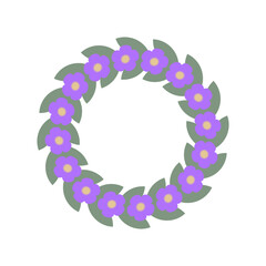 Beautiful flower frame isolated on white background. Wreath from violet flowers and green leafs