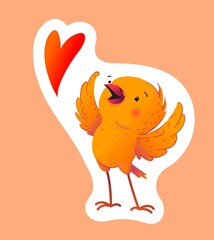 A cheerful bird spreads its wings for hugs and a symbol of the heart.