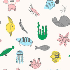 Vector cute seamless pattern with marine animals. Scandinavian motives. Children's print. Hand-drawn illustration.